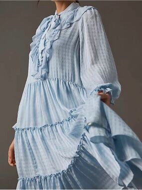 Anthropologie Light Blue Slate Tiered Ruffled Midi Dress Small New without tags